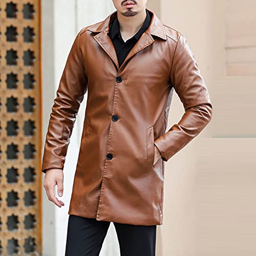 Maiyifu-GJ Men's PU Leather Trench Coat Classic Faux Leather Slim Fit Overcoat Winter Fleece Lapel Windbreaker Jacket (Khaki,Large)