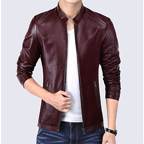 Maiyifu-GJ Men Casual Faux Leather Biker Jacket Stylish Stand Collar Bomber Jackets PU Leather Lightweight Motorcycle Coats (Red Wine,Large)