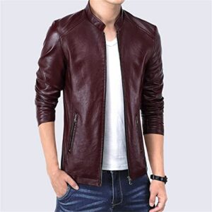 Maiyifu-GJ Men Casual Faux Leather Biker Jacket Stylish Stand Collar Bomber Jackets PU Leather Lightweight Motorcycle Coats (Red Wine,Large)