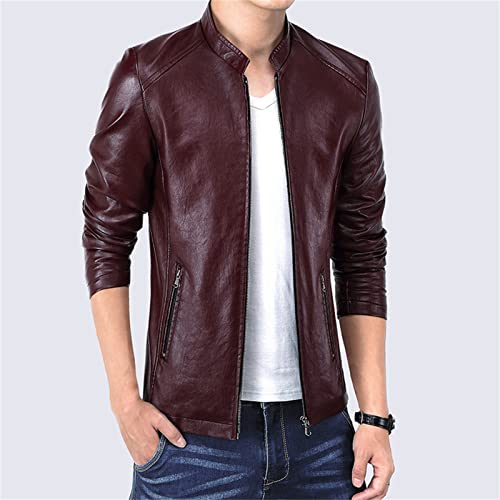 Maiyifu-GJ Men Casual Faux Leather Biker Jacket Stylish Stand Collar Bomber Jackets PU Leather Lightweight Motorcycle Coats (Red Wine,Large)