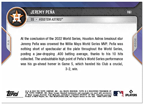 2022 Topps Now Jeremy Peña #1161- Rookie named Willie Mays MLB World Series MVP- RC Baseball Trading Card- Houston Astros. Shipped in Protective Screwdown Holder.