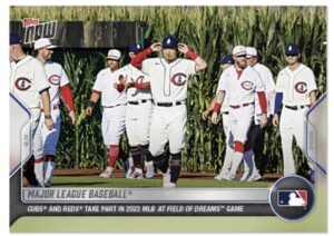 2022 topps now ‘22 field of dreams game- cubs vs. reds #691 - seiya suzuki - chicago cubs and cincinnati reds baseball trading card- shipped in protective screwdown holder.