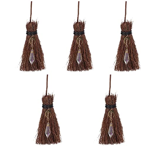 NOLITOY 5 Pcs Broom Pendant Halloween Party Decor Mini Straw Broom Broomstick Ornament Crystal Broom Ornament Witches Accessories Mini Branch Broom Dollhouse Broom Iron Cake Craft Supplies