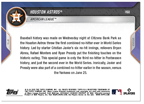 2022 Topps Now Rafael Montero, Cristian Javier, Bryan Aubrey, and Ryan Pressly with Christian Vazquez #1150- 4 Pitchers combine on 2nd NO-Hitter in World Series History - Baseball Trading Card- Houston Astros. Shipped in Protective Screwdown Holder.