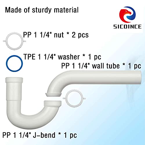 sicoince 1 1/4 P Trap Bathroom Sink Drain Kit Fit 1 1/4 Tailpiece, White Plastic Tubular with Blue TPE Reducer Washer Plastic Bag Packed