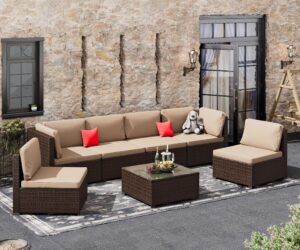 lhbcraft 7 piece patio furniture set, outdoor furniture patio sectional sofa, all weather pe rattan outdoor sectional with beige cushion and glass table, clips.