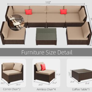 LHBcraft 7 Piece Patio Furniture Set, Outdoor Furniture Patio Sectional Sofa, All Weather PE Rattan Outdoor Sectional with Beige Cushion and Glass Table, Clips.