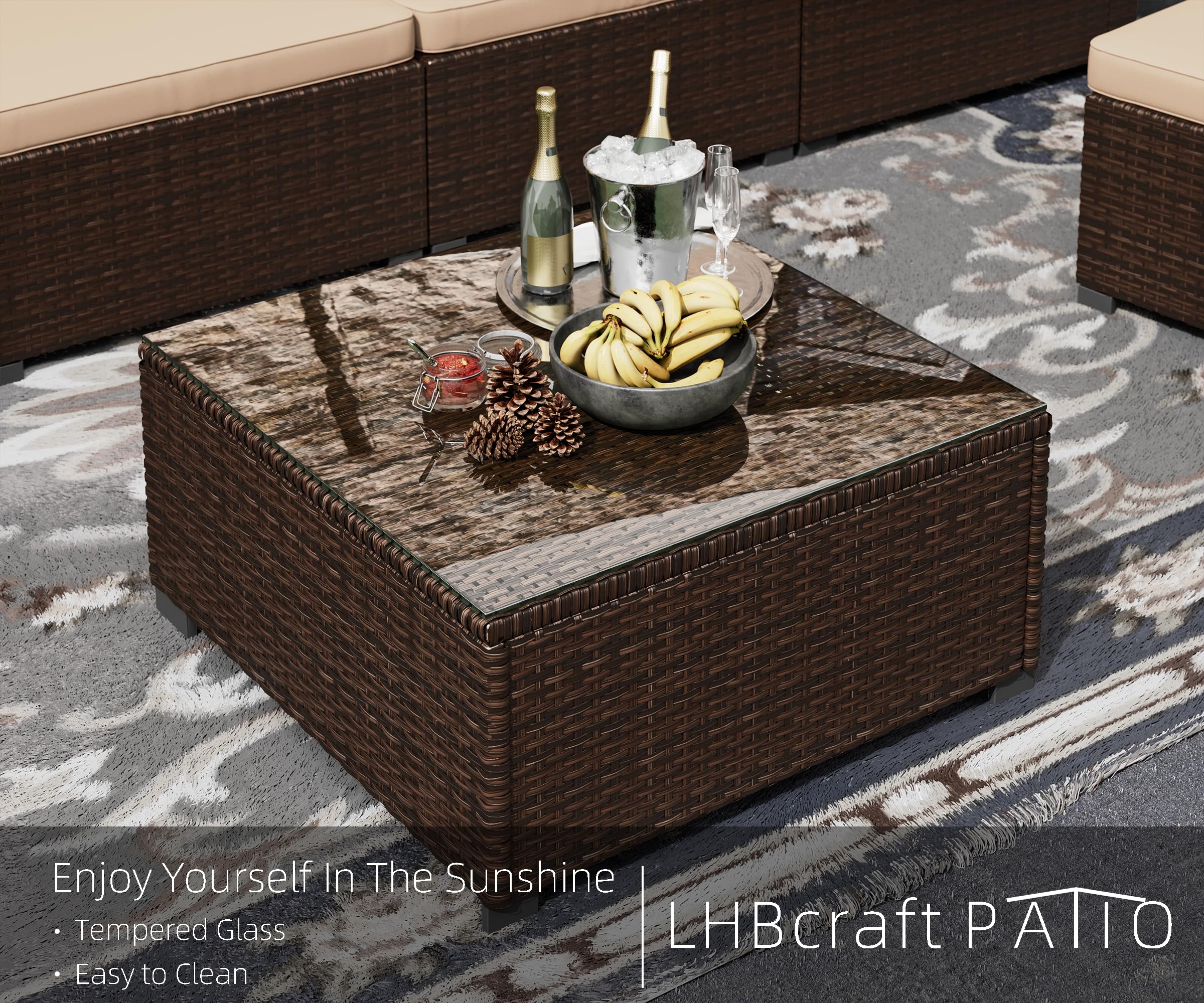 LHBcraft 7 Piece Patio Furniture Set, Outdoor Furniture Patio Sectional Sofa, All Weather PE Rattan Outdoor Sectional with Beige Cushion and Glass Table, Clips.