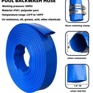 1 IN x 50 FT Pool Backwash Hose, Heavy Duty Flat Discharge Hose, Weather and Burst Resistant, Best Pool Hoses for Inground Pools, Pool Filter Hose & Pool Drain Hose