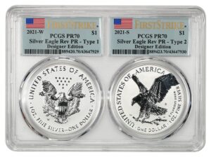 2021 s reverse proof silver eagles designer series type 1 and type 2 $1 pcgs pr-70