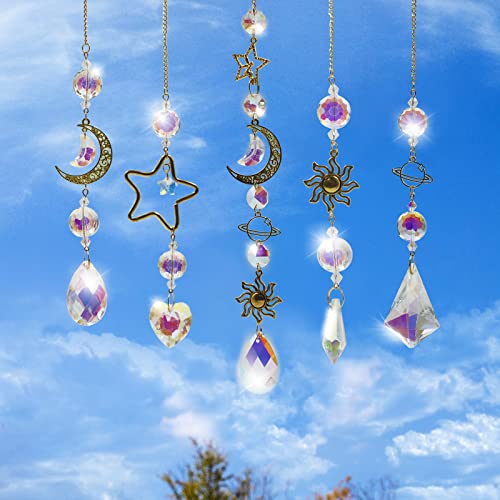 Gpurplebud Sun Catchers Indoor Window - 5 Pieces Hanging Crystal Suncatcher for Window Rainbow Prism Crystal Decorations for Home Wedding Car Party Patio Garden Decor (5 Model)