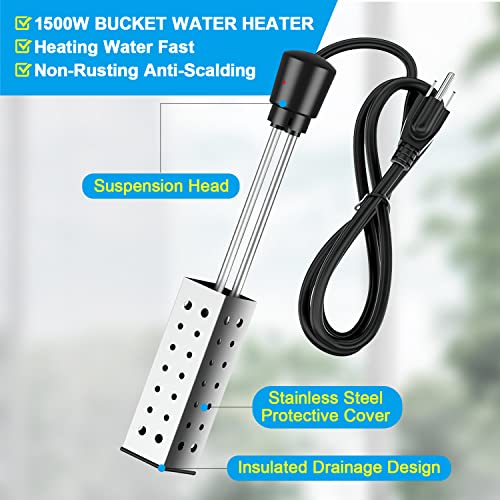 Bucket Heater - Immersion Water Heater 1500W Hot Tub Water Heater with Timer Auto Shut Off Submersible with 304 Stainless-Steel Guard for Inflatable Pool Heater Home Tank Travel Winter Kiddle Pool