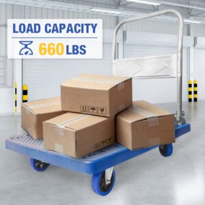 LFGUD Push Cart Dolly 660 lbs. Capacity Platform Truck Foldable Platform Cart Upgraded Heavy Duty Moving Cart with PU Wheels for Home Garden Warehouse Garage Workshops