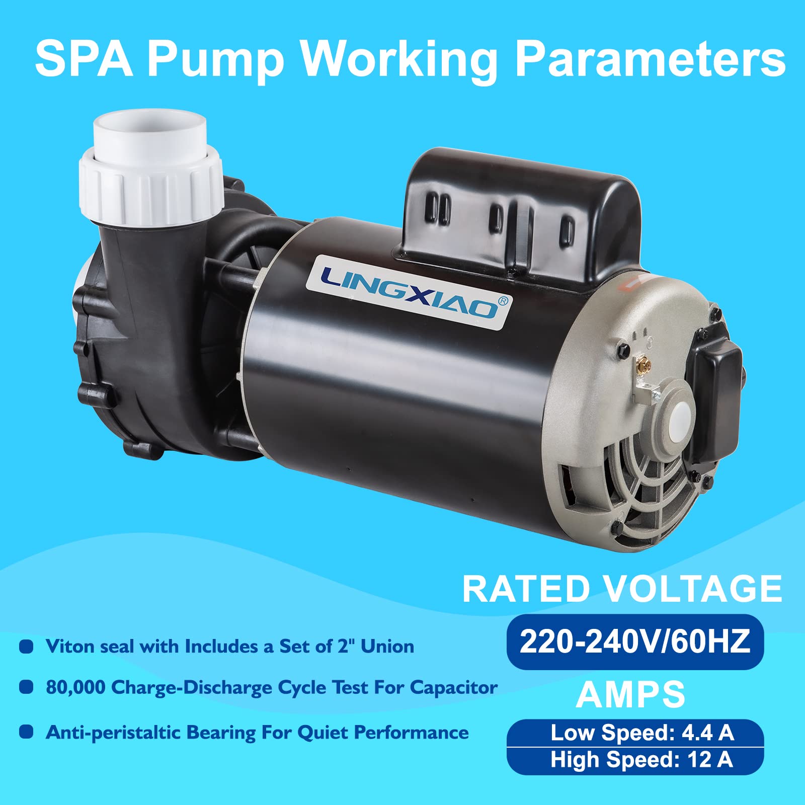 LINGXIAO WUA400-II SPA Pump, 4HP Hot Tub Pumps, 2 Speed LX SPA Pump Motor 220-240V, 2" Port, 56 Frame, No Base for Jacuzzi Pump - Mode: 56WUA400-II(NF)