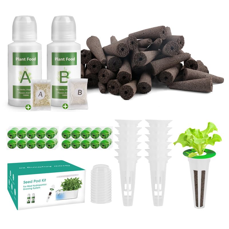 148pcs Hydroponic Pods Kit, Grow Anything Kit for Hydroponics Growing System, Hydroponics Supplies with 60 Grow Sponges, 2 A&B Solid Nutrient Plant Food with 2 Refills, 12 Baskets, 12 Domes, 60 Labels