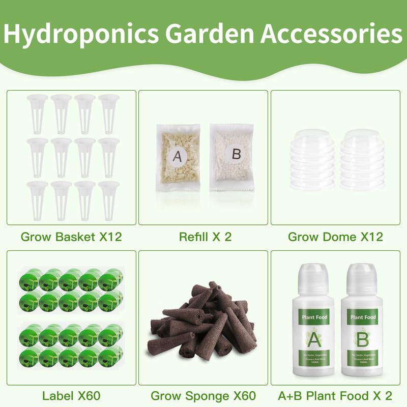 148pcs Hydroponic Pods Kit, Grow Anything Kit for Hydroponics Growing System, Hydroponics Supplies with 60 Grow Sponges, 2 A&B Solid Nutrient Plant Food with 2 Refills, 12 Baskets, 12 Domes, 60 Labels