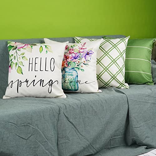 ONWAY Spring Pillow Covers 18x18 Set of 4 Spring Floral Waterproof Farmhouse Decorations Outdoor Green Patio Throw Cushion Case for Sofa Couch Home Decor