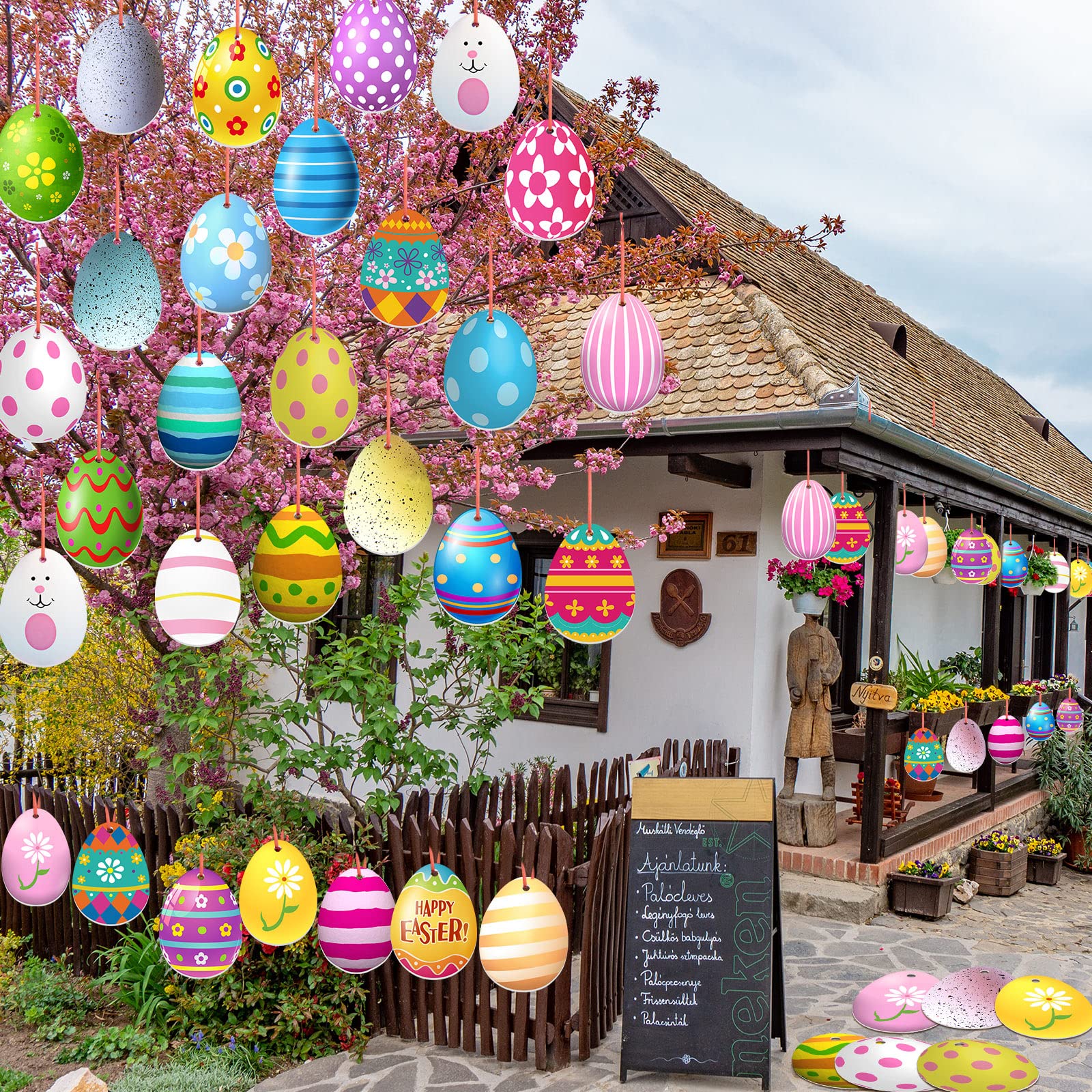 30 Pieces Easter Egg Outdoor Hanging Ornaments Outdoor Double Sided Lawn Decorations Easter Egg Yard Tree Porch Hanging Ornament Colorful Plastic Easter Egg for (Cute Style)