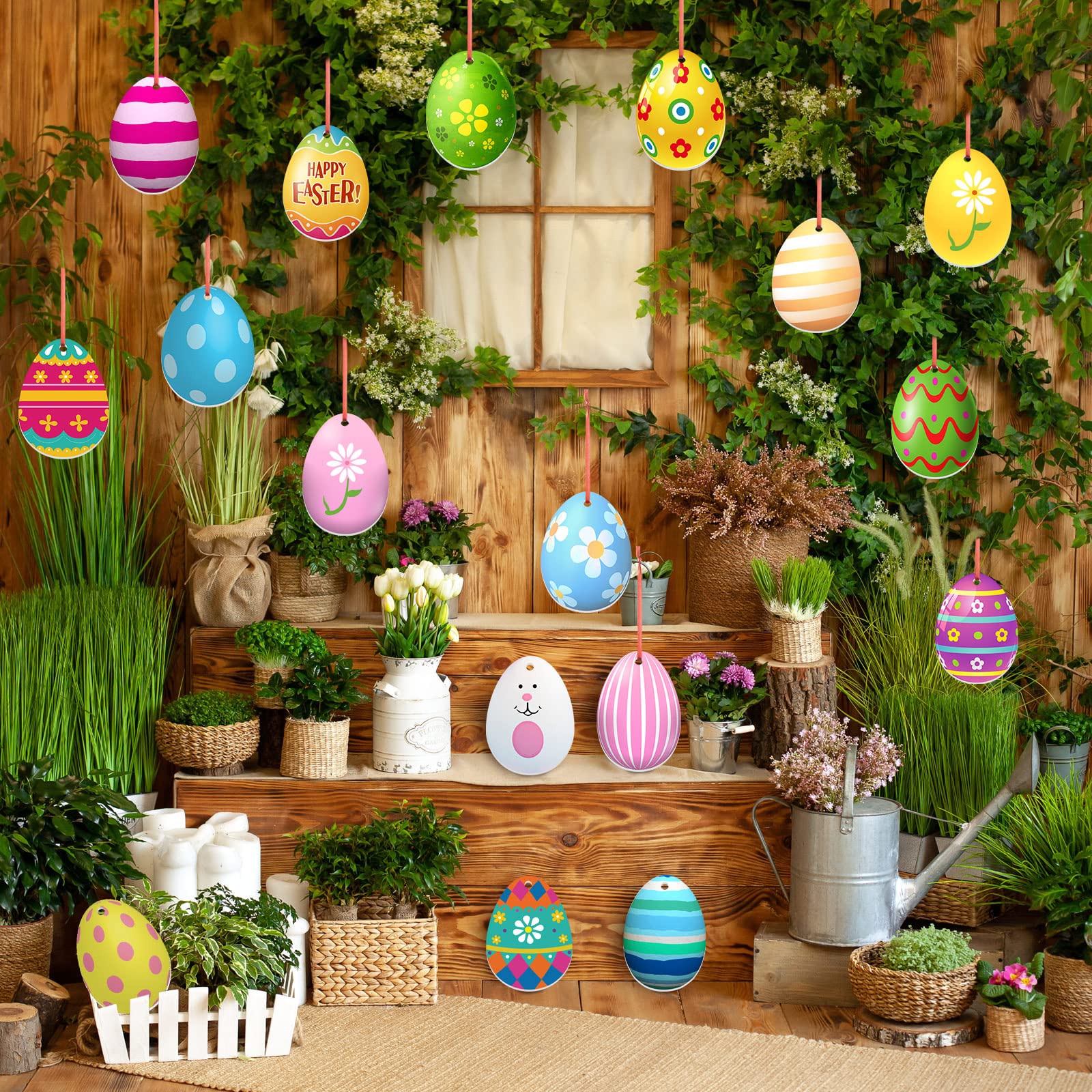 30 Pieces Easter Egg Outdoor Hanging Ornaments Outdoor Double Sided Lawn Decorations Easter Egg Yard Tree Porch Hanging Ornament Colorful Plastic Easter Egg for (Cute Style)