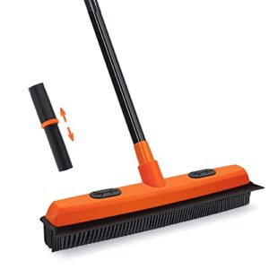 JEHONN Rubber Broom Carpet Rake for Pet Hair Remover, Fur Removal with Squeegee, Portable Detailing Brush Brush, 54 Inches Telescopic Long Handle for Fluff Carpet