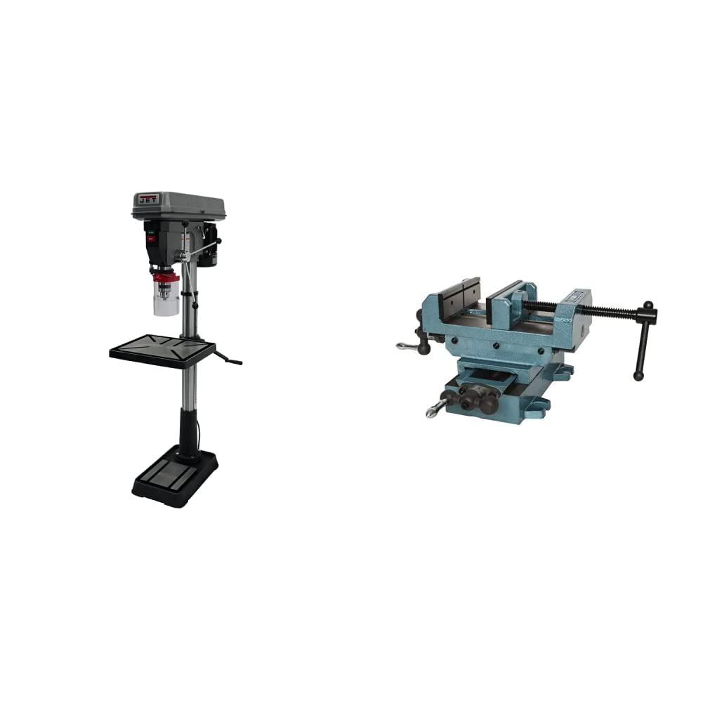 JET JDP-20MF, 20-Inch Floor Drill Press, 1Ph 115/230V (354170) & Wilton CS6, 6" Cross Slide Drill Press Vise, 6” Jaw Opening, 2” Jaw Depth (11696)