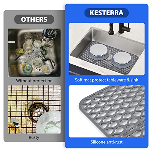 KESTERRA Sink Protectors for Kitchen Sink, 26"x 14" Center Drain Kitchen Sink Mats with Faucet Splash Guard, Silicone Heat Resistant Dish Pad for Bottom of Farmhouse Stainless Steel Porcelain Sink