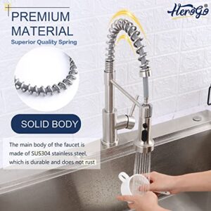 Kitchen Faucets with Pull Down Sprayer Brushed Nickel, Herogo 2.0 Upgraded Commercial Stainless Steel Single Handle Pull Out Spring Sink Faucets with Deck Plate for Utility Farmhouse Laundry Rv Wet