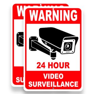 2 pc video surveillance sign - 10x7 aluminum smile your on camera signs - security camera signs - no trespassing signs private property red