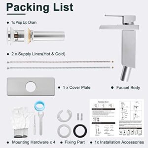 Herogo Waterfall Bathroom Faucet, Brushed Nickel Bathroom Faucets for Sink 1 or 3 Hole with Brass Pop Up Drain, Stainless Steel Single Handle Vanity RV Lavatory Mixer Tap with 2 Water Hoses