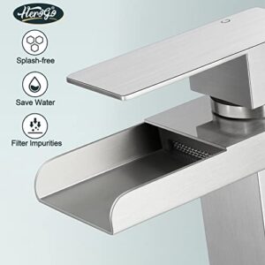 Herogo Waterfall Bathroom Faucet, Brushed Nickel Bathroom Faucets for Sink 1 or 3 Hole with Brass Pop Up Drain, Stainless Steel Single Handle Vanity RV Lavatory Mixer Tap with 2 Water Hoses