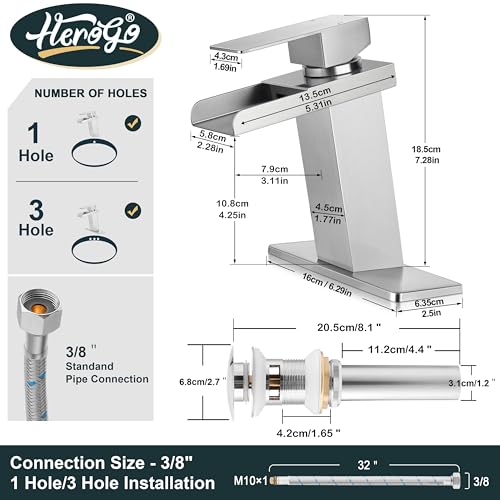 Herogo Waterfall Bathroom Faucet, Brushed Nickel Bathroom Faucets for Sink 1 or 3 Hole with Brass Pop Up Drain, Stainless Steel Single Handle Vanity RV Lavatory Mixer Tap with 2 Water Hoses