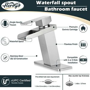 Herogo Waterfall Bathroom Faucet, Brushed Nickel Bathroom Faucets for Sink 1 or 3 Hole with Brass Pop Up Drain, Stainless Steel Single Handle Vanity RV Lavatory Mixer Tap with 2 Water Hoses