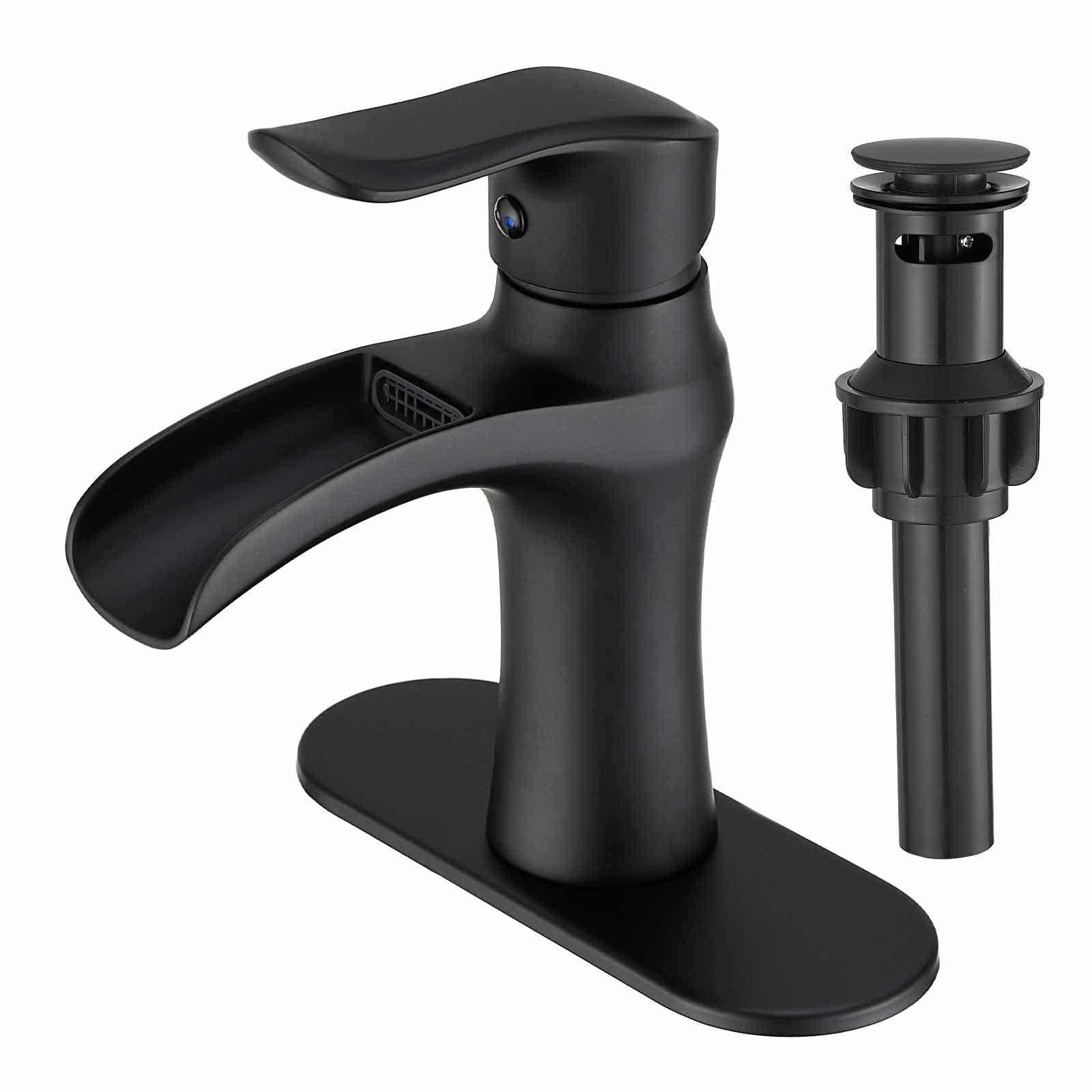 Waterfall Bathroom Faucets for Sink 3 Hole / 1 Hole, Matte Black Bathroom Faucet Ceramic Valve Leak-Proof Black Sink Faucet Bathroom Faucet for Bathroom Sink with Pop up Drain & Base Plate