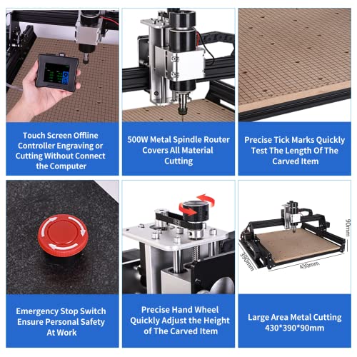 500W CNC Router Machine, 4540 CNC Router Machine with 500W Spindle 3-Axis Desktop CNC Machine for Woodworking Metal Acrylic MDF Nylon Carving Cutting Engraving Mill（Working Area430x390x22mm）