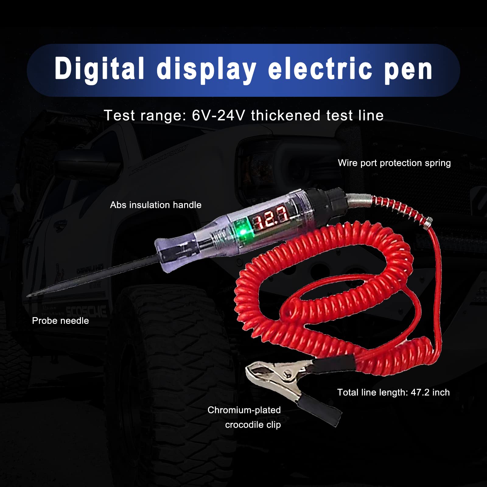 jeseny 1 PC Automotive Buzzer Test Light 6-24V DC Digital LED Circuit Tester, Heavy Duty Light Tester with Voltmeter, Auto Bidirectional Voltage Tester Electric Test Pen with Extended Spring Wire