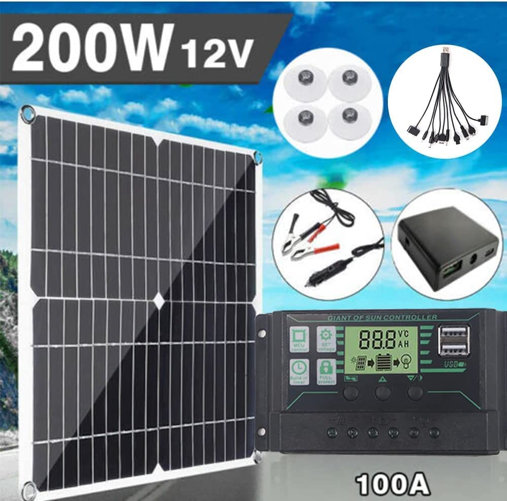 200W 12V Solar Panel Battery Charger Kit Monocrystalline PV Module for Car RV Marine Boat Caravan Off Grid System with 10A-50A Charge Controller+Extension Cable