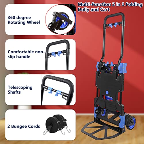 Kweetle 2 in 1 Folding Hand Truck Heavy Duty 330LB Load Carrying Convertible Dolly Cart with Retractable Handle and 4 Rubber Wheels for Luggage Personal Travel Mobile Office (Only Hand Truck)