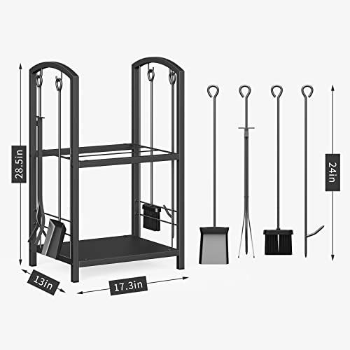 Mr IRONSTONE 4ft Firewood Rack & Firewood Rack with Fireplace Tools set for Patio Deck Metal Log Holder Stand Tubular Steel Wood Stacker Outdoor Tool