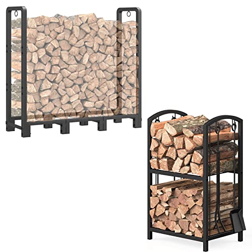 Mr IRONSTONE 4ft Firewood Rack & Firewood Rack with Fireplace Tools set for Patio Deck Metal Log Holder Stand Tubular Steel Wood Stacker Outdoor Tool
