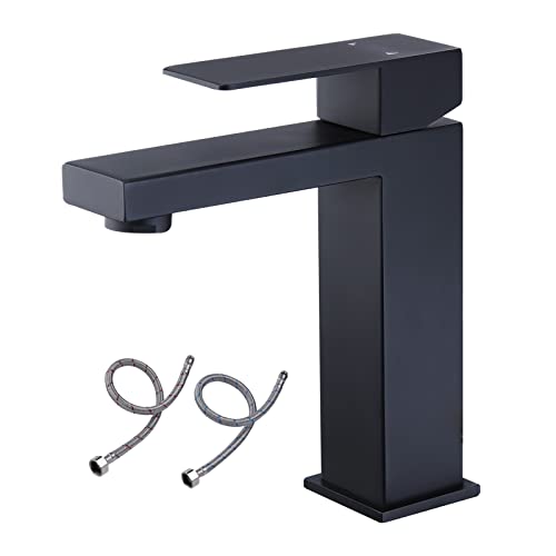 Black Single Handle Bathroom Faucet, Bathroom Sink Faucet Matte Black, SUS304 Stainless Steel Modern Single Hole Faucet for Bathroom Sink with cUPC Certified Water Supply Hoses