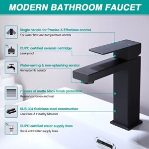 Black Single Handle Bathroom Faucet, Bathroom Sink Faucet Matte Black, SUS304 Stainless Steel Modern Single Hole Faucet for Bathroom Sink with cUPC Certified Water Supply Hoses