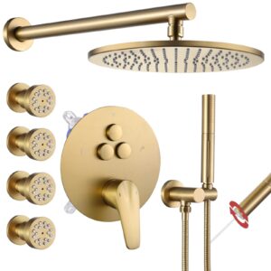 vanfoxle shower faucet brushed gold shower system,push button diverter shower faucet with 2 in 1 handheld,wall mount 10 inch shower head with 4 pcs dual modes body jets(2 inch)