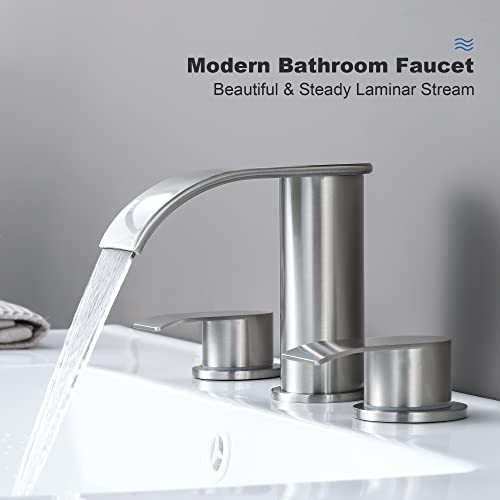 Brushed Nickel Waterfall Bathroom Faucets for Sink 3 Hole - Widespread Bathroom Faucet Two Handles 8 Inch, Modern Bathroom Sink Faucet, with Metal Pop Up Drain Assembly & Supply Lines