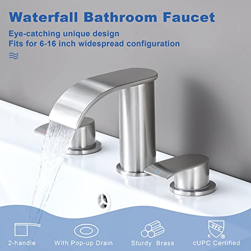 Brushed Nickel Waterfall Bathroom Faucets for Sink 3 Hole - Widespread Bathroom Faucet Two Handles 8 Inch, Modern Bathroom Sink Faucet, with Metal Pop Up Drain Assembly & Supply Lines