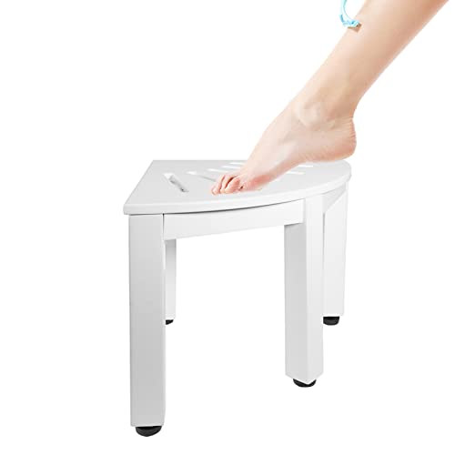 NNN 12" White Teak Shower Stool/Teak Shower Foot Rest/Shower Stool for Shaving Legs/Teak Shower Bench/Shower Stool for Inside Shower/White Corner Shower Stool, Suitable for Small Shower Spaces.