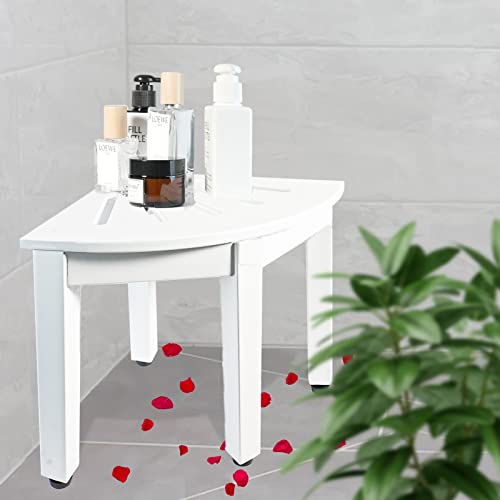 NNN 12" White Teak Shower Stool/Teak Shower Foot Rest/Shower Stool for Shaving Legs/Teak Shower Bench/Shower Stool for Inside Shower/White Corner Shower Stool, Suitable for Small Shower Spaces.