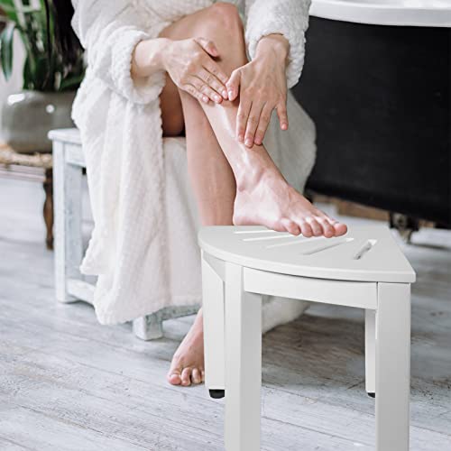 NNN 12" White Teak Shower Stool/Teak Shower Foot Rest/Shower Stool for Shaving Legs/Teak Shower Bench/Shower Stool for Inside Shower/White Corner Shower Stool, Suitable for Small Shower Spaces.