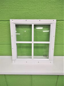 12x12 white shed window, flush mount, 4x4 grid, great for playhouses, barns, and sheds.