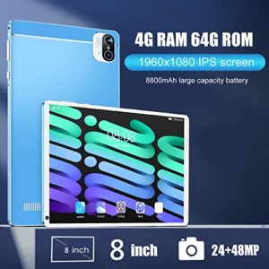 8 Inch Tablet, Tablet 4G RAM 64G ROM Blue 1960x1080 IPS Screen for Home for Travel (US Plug)