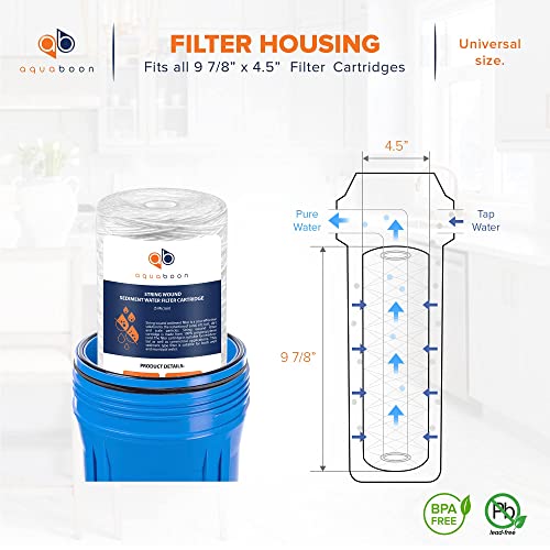 Aquaboon 4.5” x 10" Whole House Water Filter System with Pressure Release (1" Port) & Aquaboon 5 Micron 10" String Wound Sediment Water Filter Cartridge